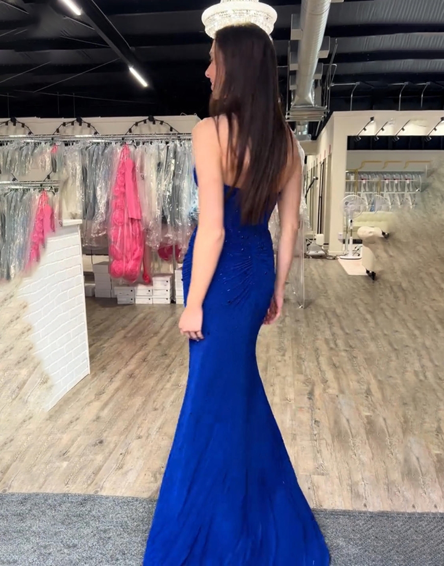 Royal Blue Halter Corset Sparkly Beaded Mermaid Long Prom Dress