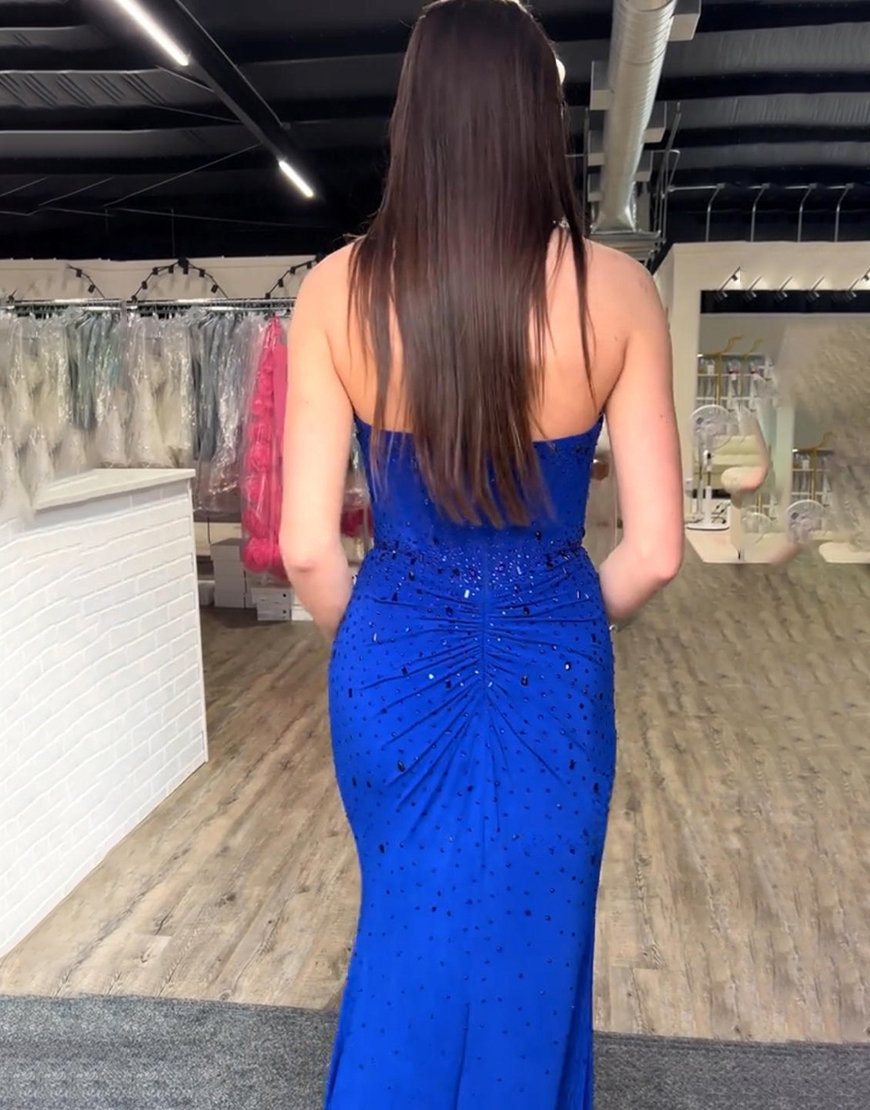 Royal Blue Halter Corset Sparkly Beaded Mermaid Long Prom Dress