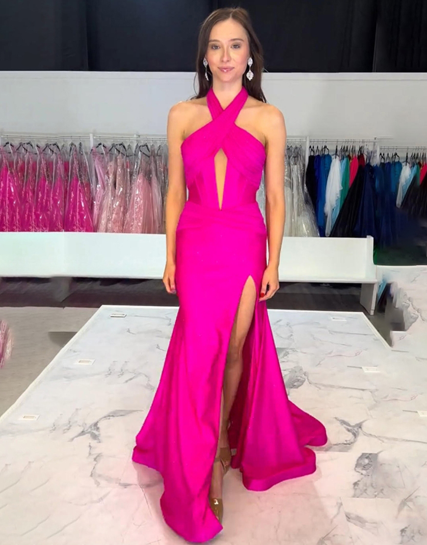 Fuchsia Mermaid Keyhole Halter Long Prom Dress with Slit