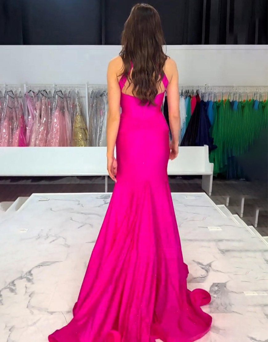 Fuchsia Mermaid Keyhole Halter Long Prom Dress with Slit