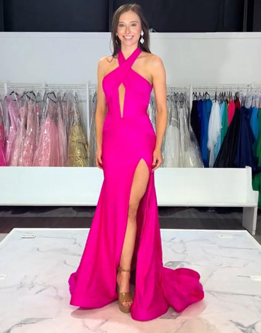 Fuchsia Mermaid Keyhole Halter Long Prom Dress with Slit