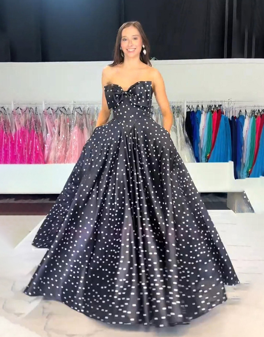 A Line Black White Dot Strapless Long Prom Dress with Bow