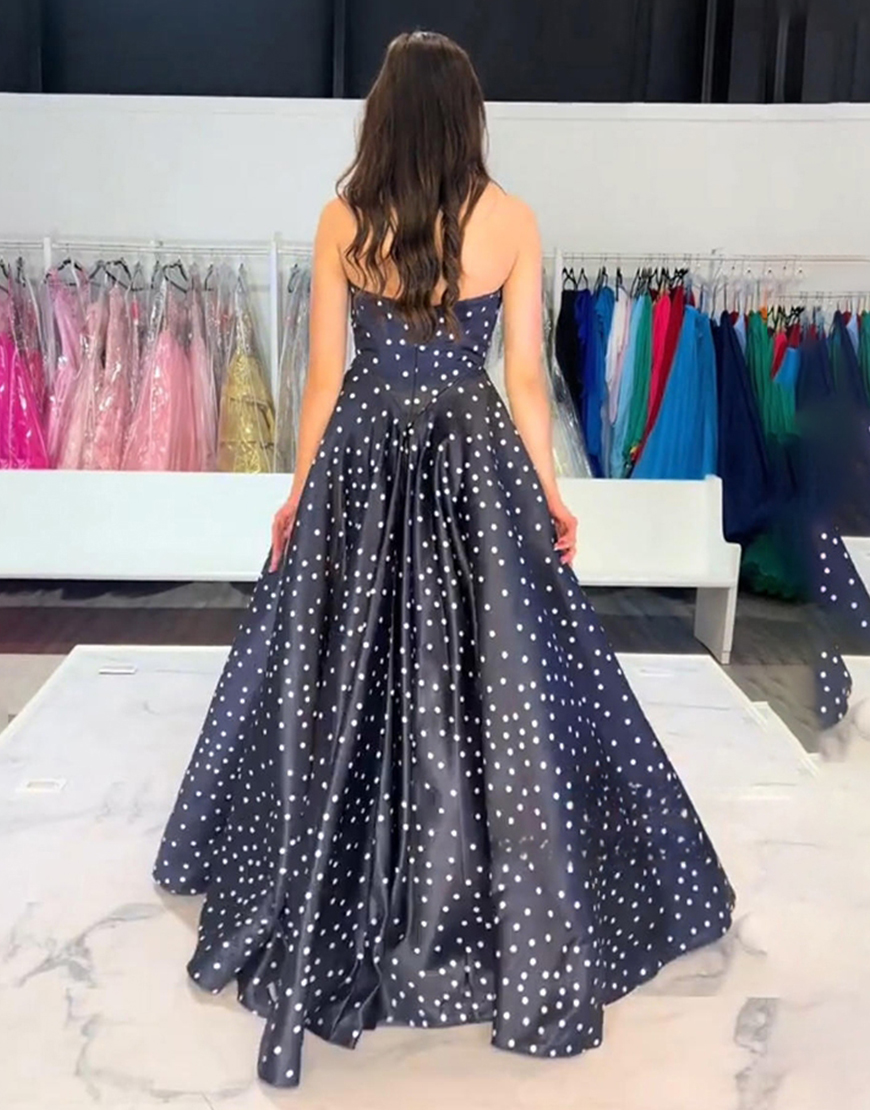 A Line Black White Dot Strapless Long Prom Dress with Bow