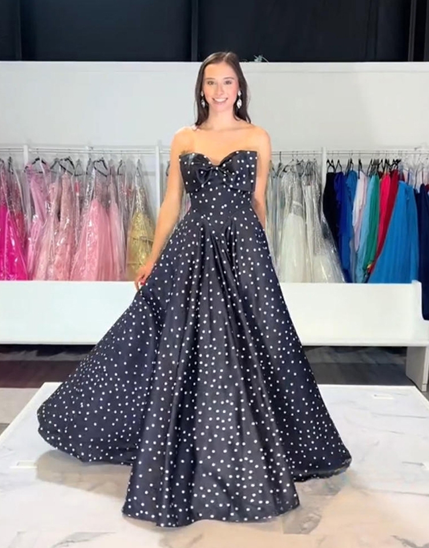 A Line Black White Dot Strapless Long Prom Dress with Bow