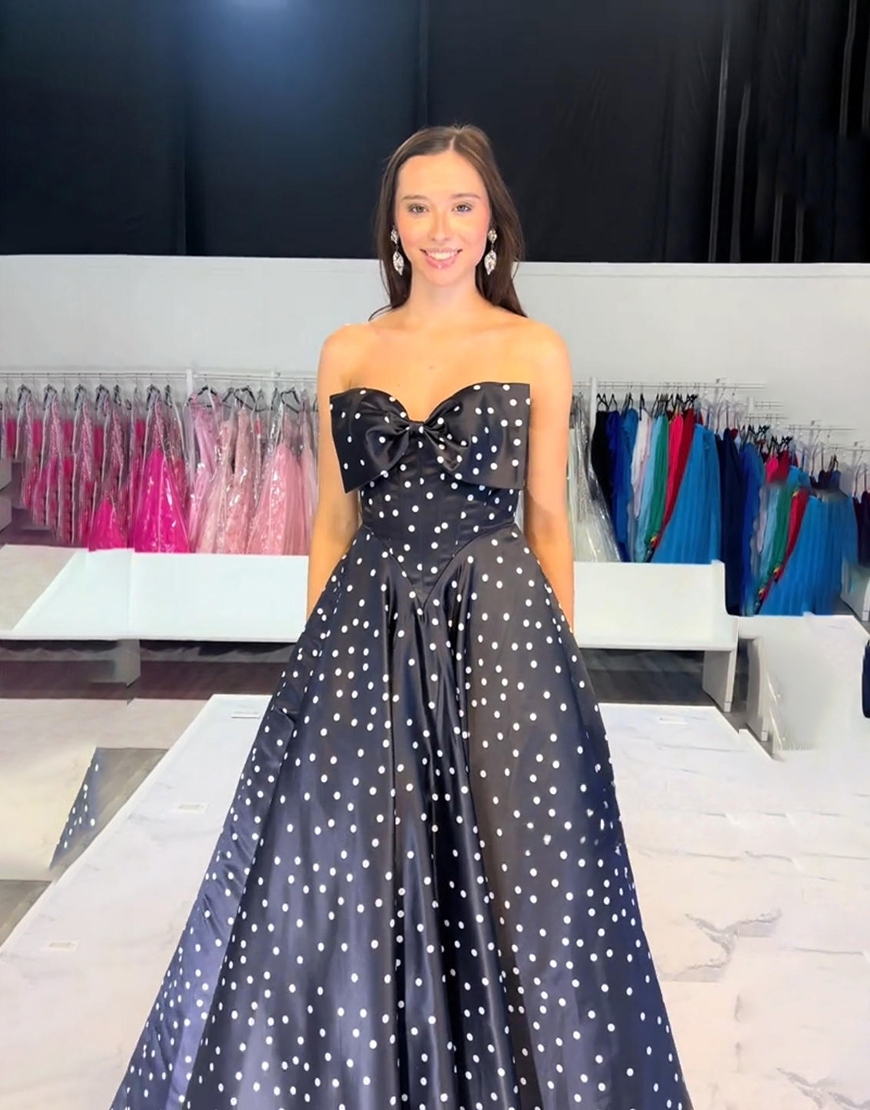 A Line Black White Dot Strapless Long Prom Dress with Bow
