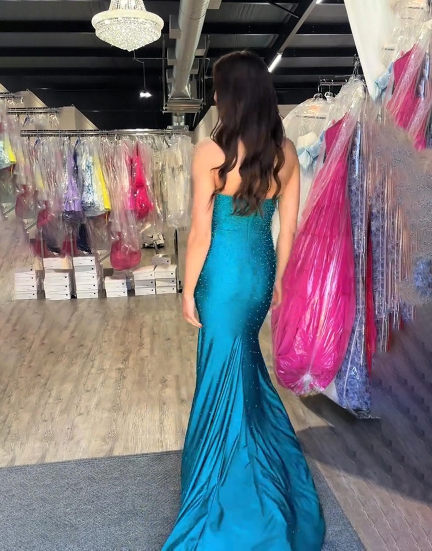 Dark Blue Strapless Sparkly Beaded Mermaid Long Prom Dress with Slit