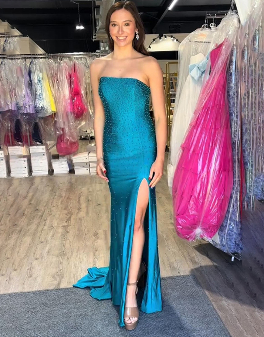 Dark Blue Strapless Sparkly Beaded Mermaid Long Prom Dress with Slit