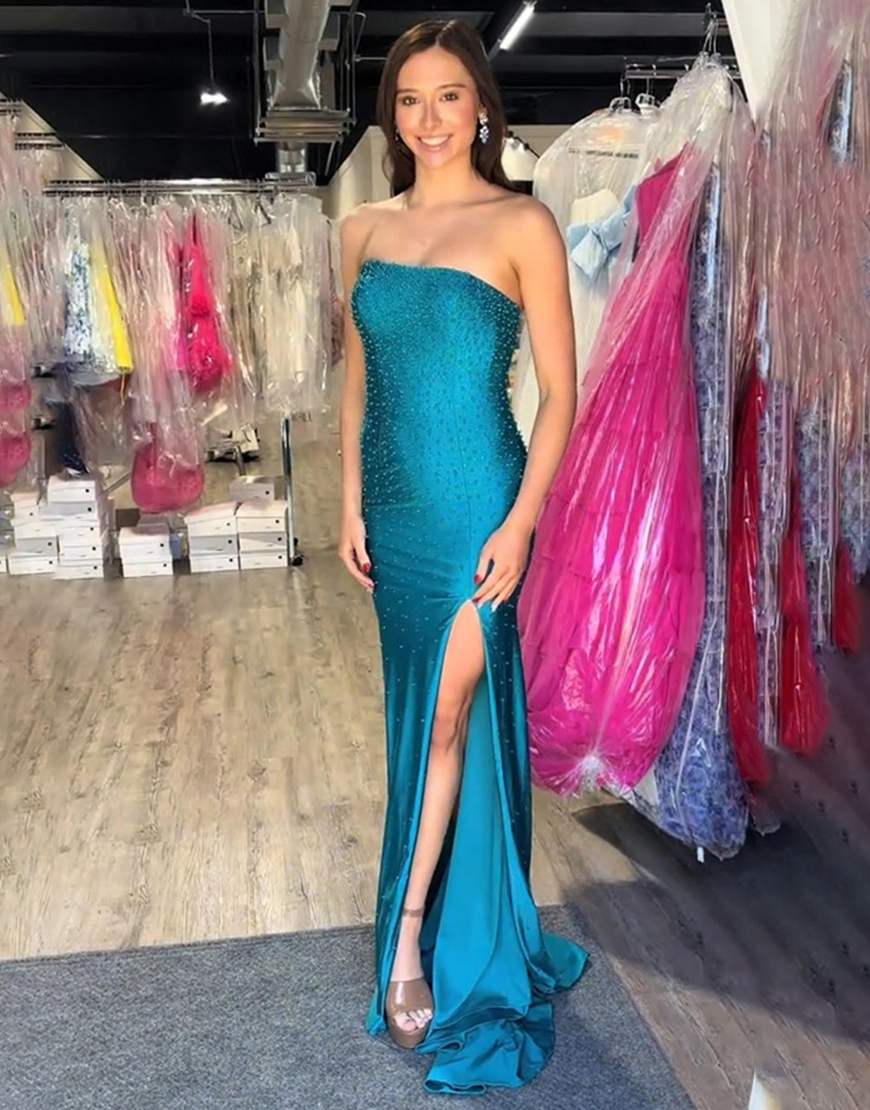 Dark Blue Strapless Sparkly Beaded Mermaid Long Prom Dress with Slit