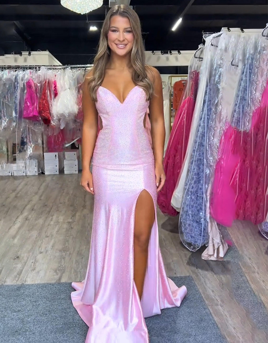 Pink Sparkly Sweetheart Beaded Mermaid Long Prom Dress with Slit