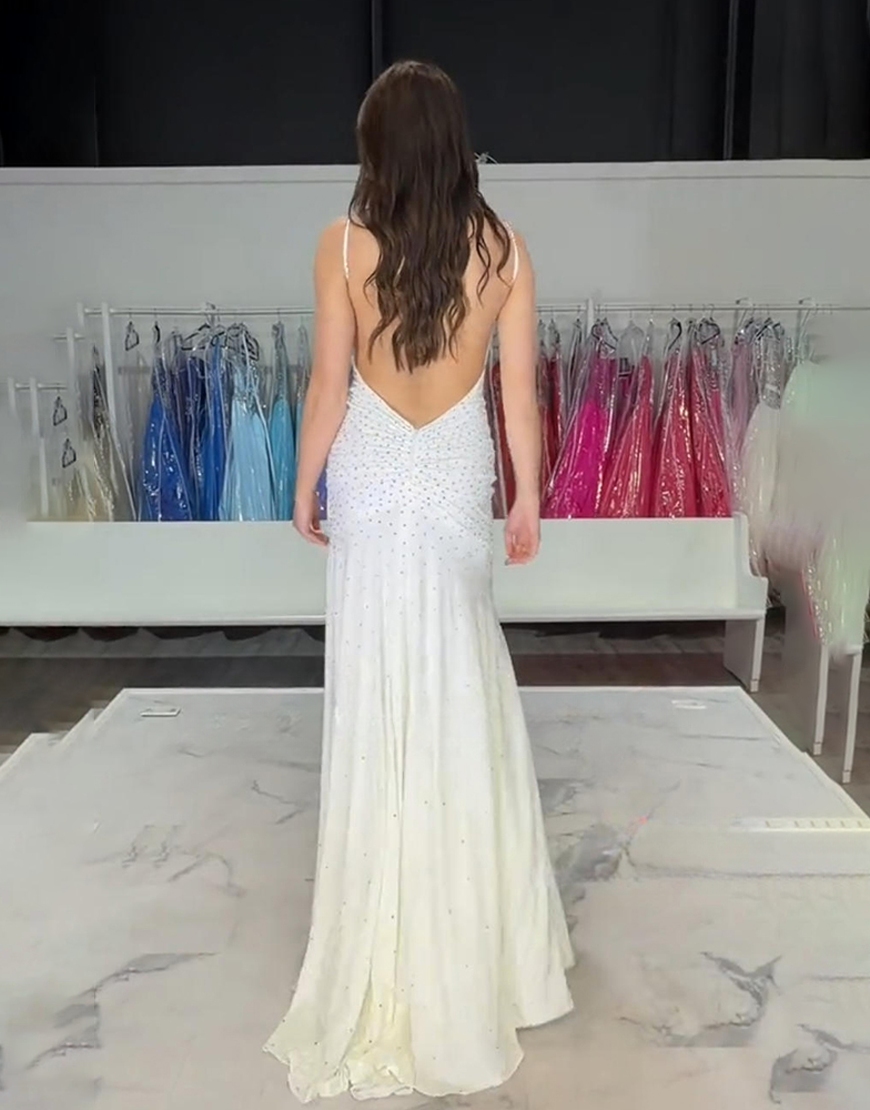 Sparkly Lilac Beaded Spaghetti Straps Mermaid Long Prom Dress with Slit