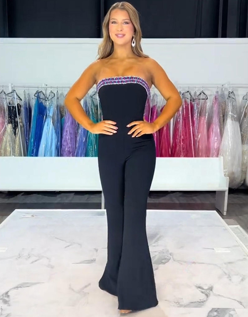 Sparkly Black Strapless Long Prom Jumpsuit with Beading
