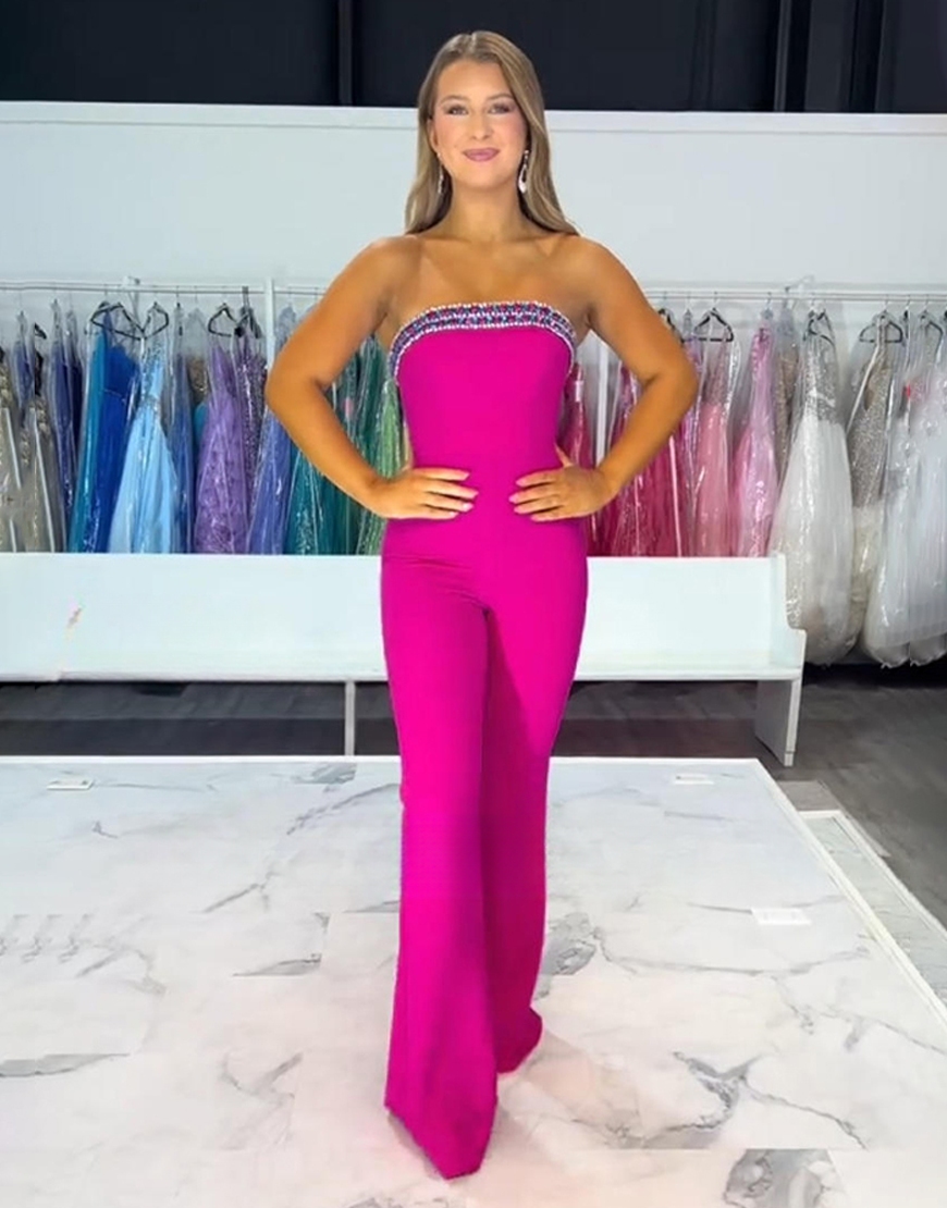 Sparkly Black Strapless Long Prom Jumpsuit with Beading