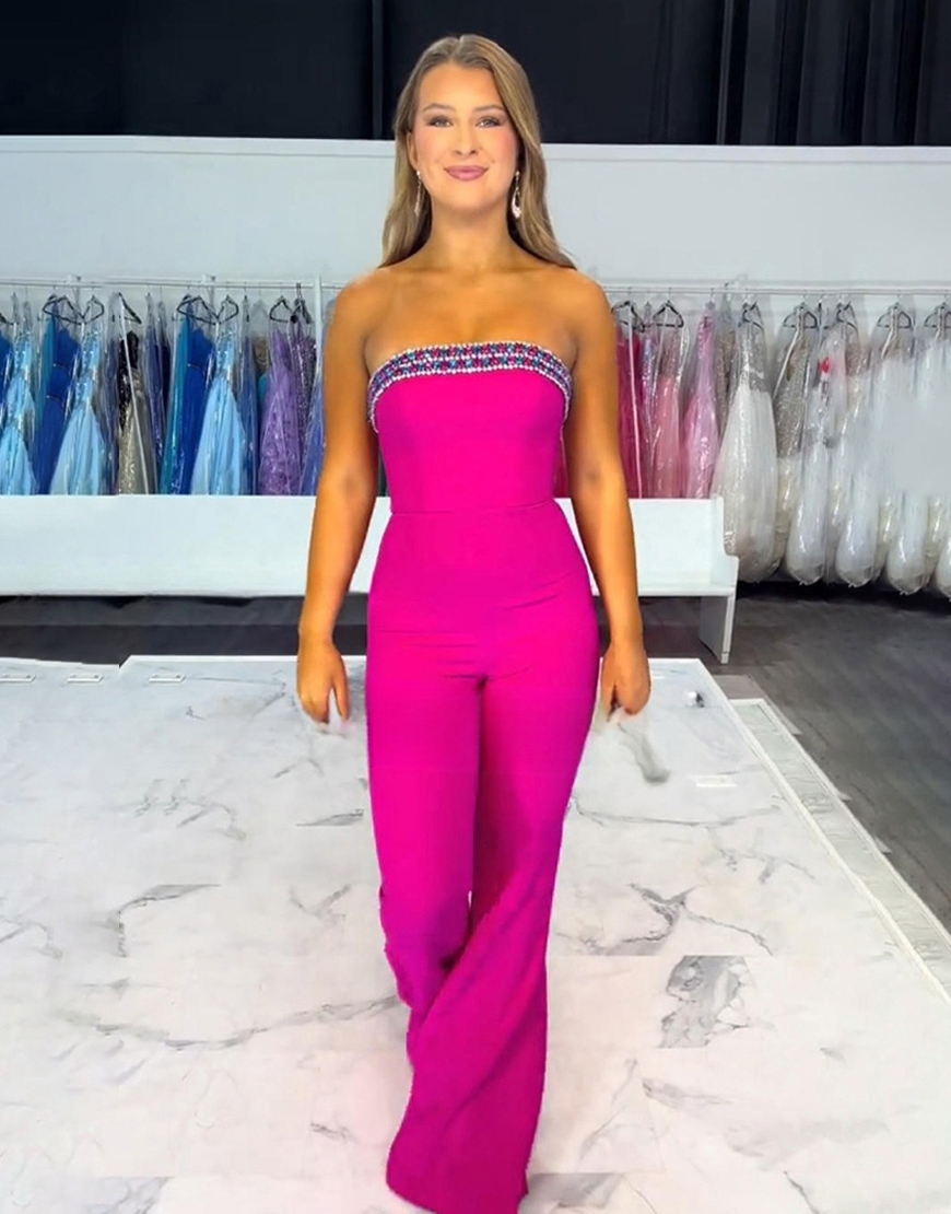 Sparkly Black Strapless Long Prom Jumpsuit with Beading