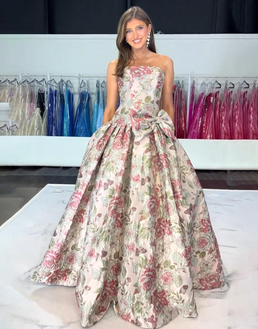 Grey Red Flower Jacquard Strapless A Line Long Prom Dress with Bow