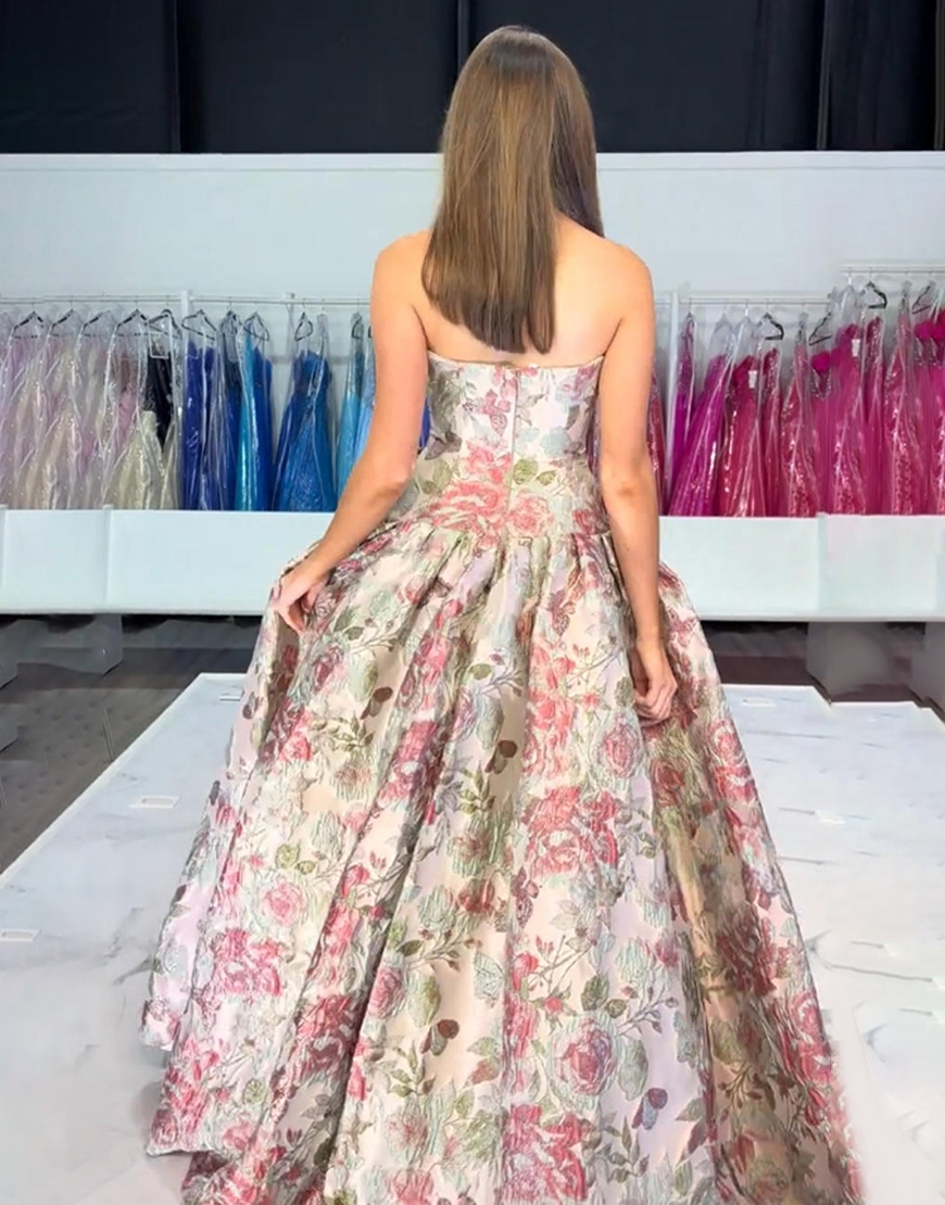 Grey Red Flower Jacquard Strapless A Line Long Prom Dress with Bow