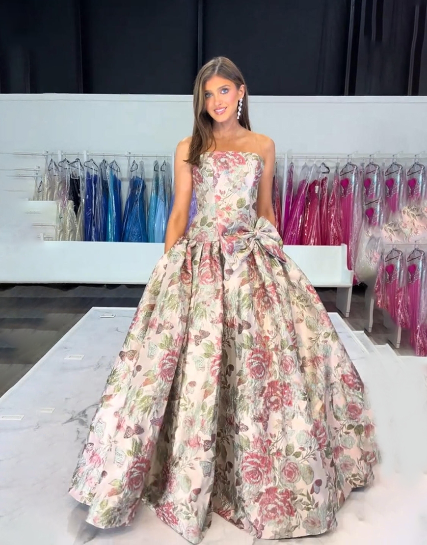 Grey Red Flower Jacquard Strapless A Line Long Prom Dress with Bow