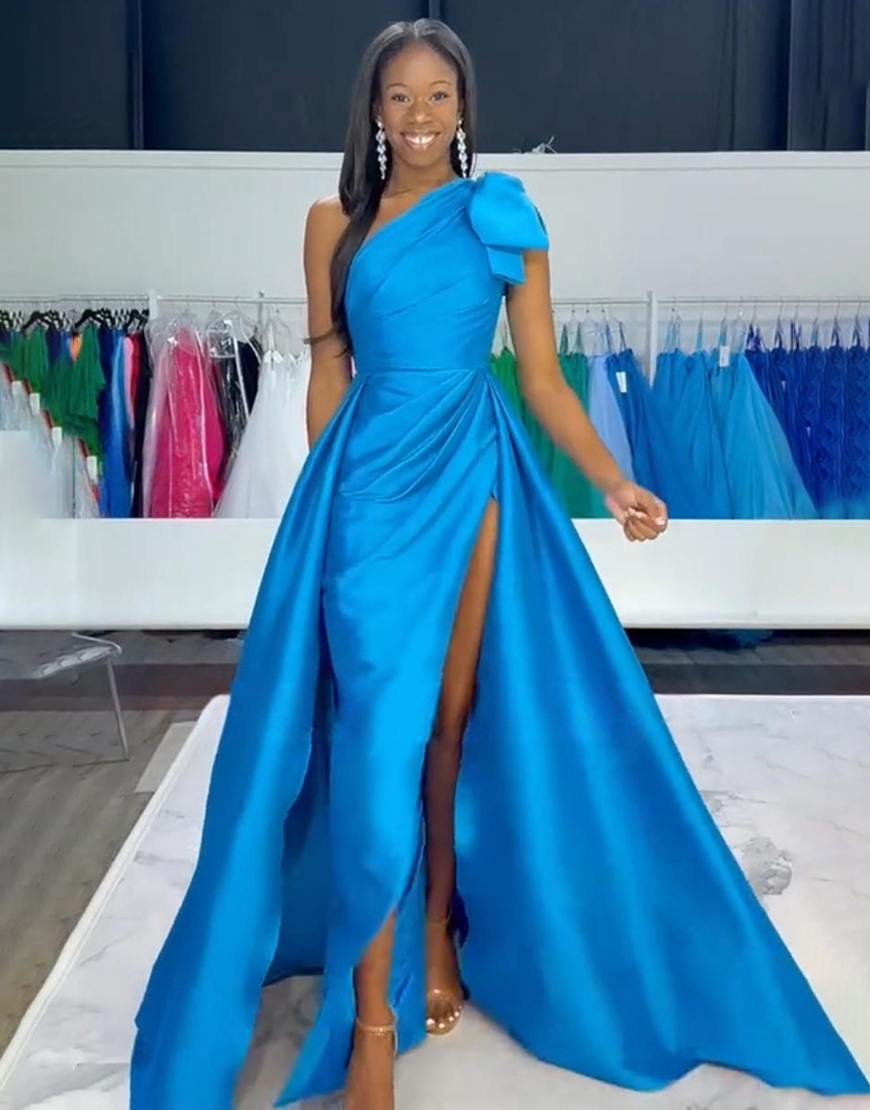 Blue One Shoulder Mermaid Long Prom Dress with Cape