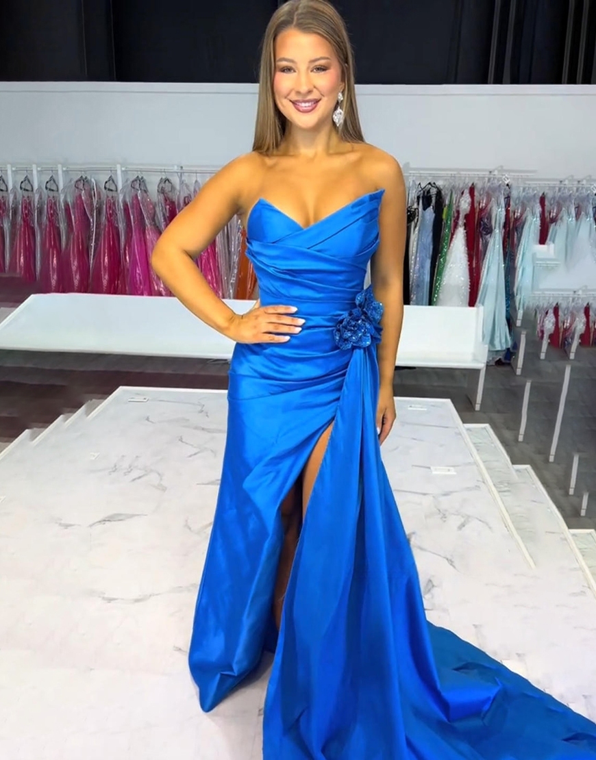 Royal Blue Strapless Mermaid Long Prom Dress with 3D Flower