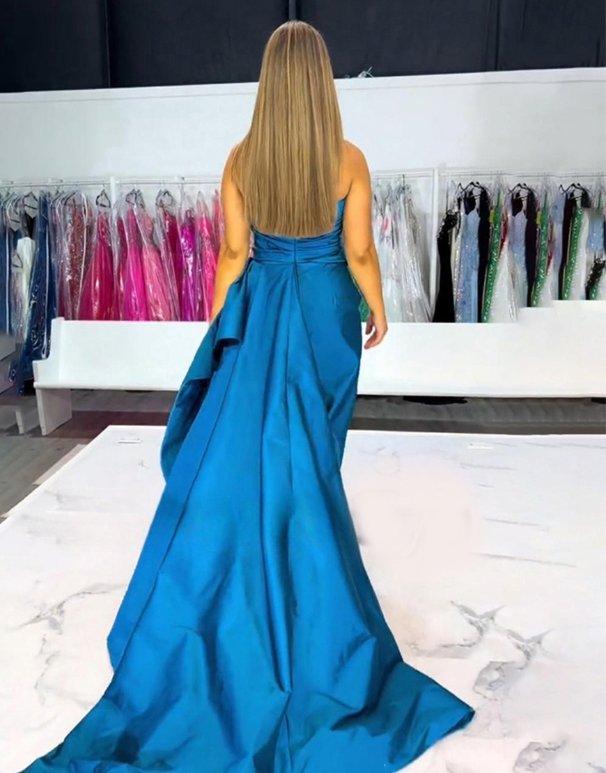 Dark Blue Mermaid Long Strapless Ruched Prom Dress with Side Cape