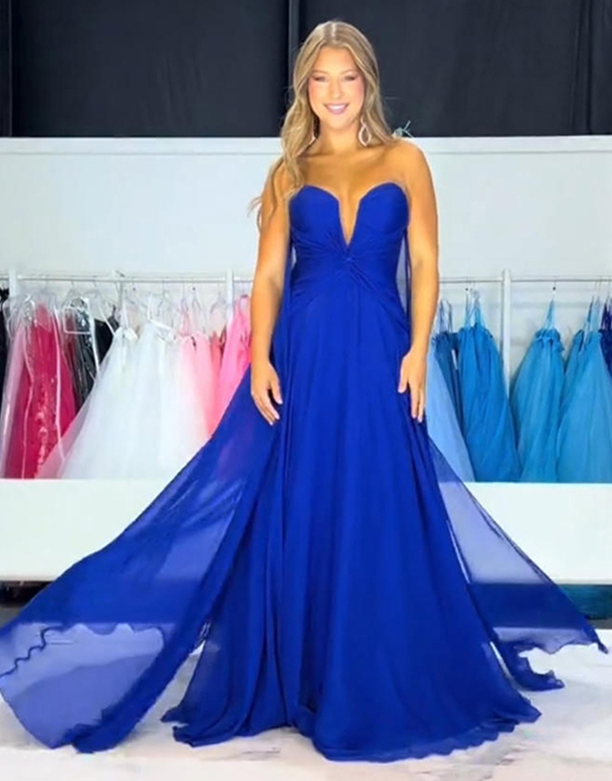 Royal Blue A Line Long Strapless Prom Dress with Cape
