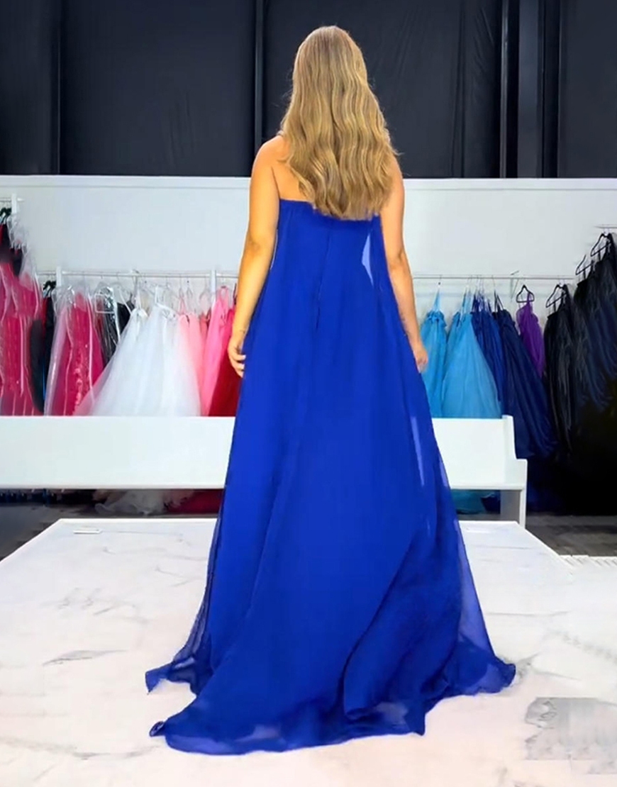 Royal Blue A Line Long Strapless Prom Dress with Cape