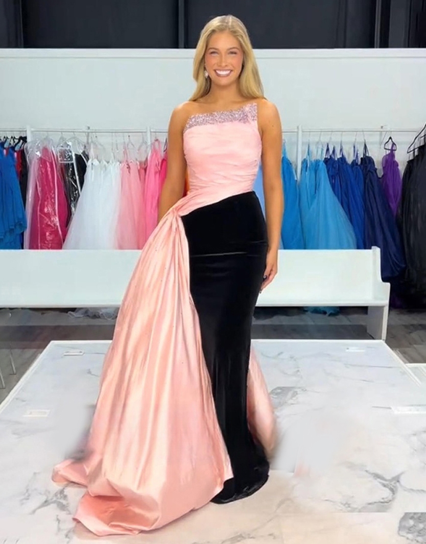 Black Pink Sparkly Beaded Mermaid Long Prom Dress with Cape