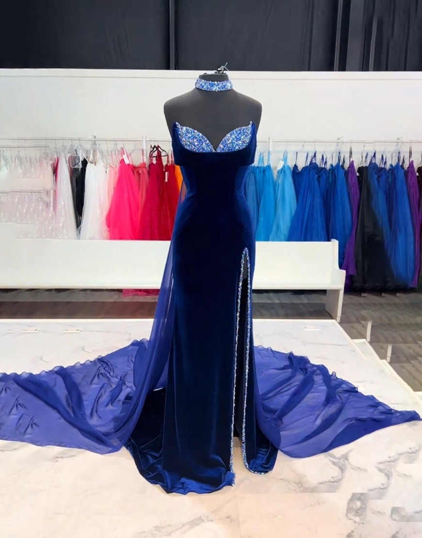 Navy Beaded Sparkly Mermaid Strapless Long Prom Dress with Slit