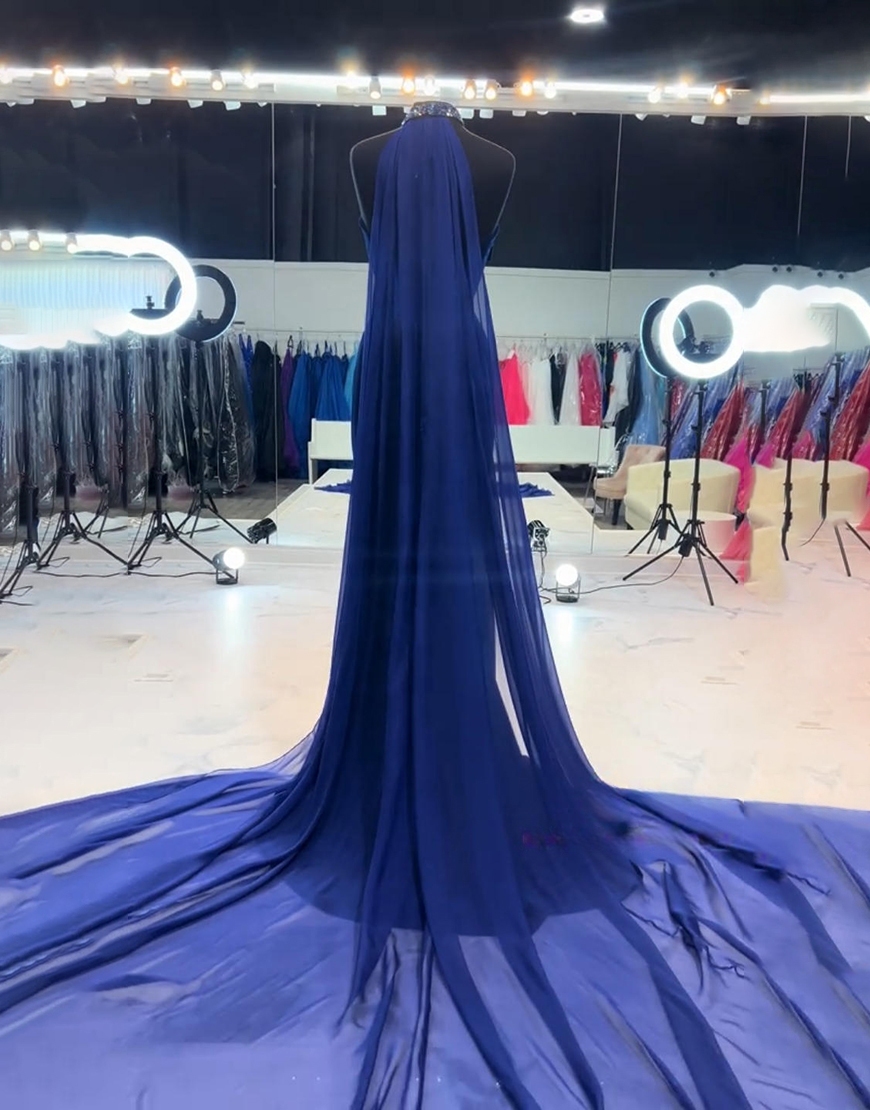 Navy Beaded Sparkly Mermaid Strapless Long Prom Dress with Slit