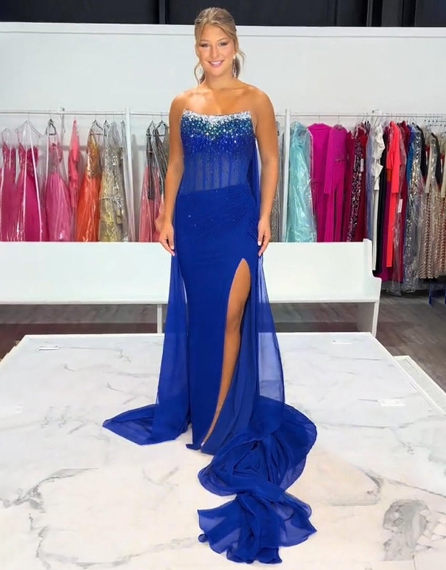 Sparkly Royal Blue Mermaid Beaded Long Corset Prom Dress with Slit
