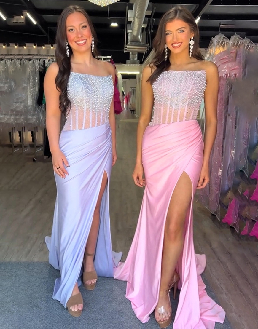 Sparkly Lilac Corset Mermaid Beaded Long Prom Dress with Slit