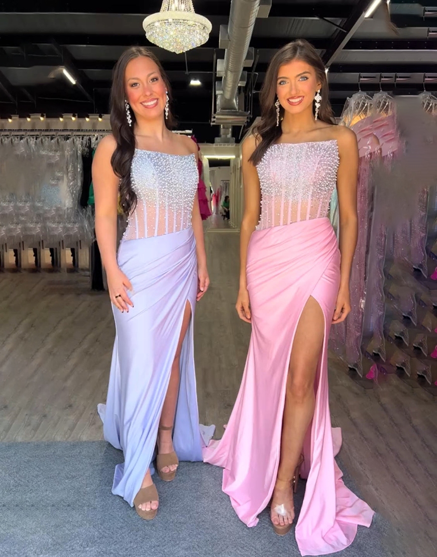 Sparkly Lilac Corset Mermaid Beaded Long Prom Dress with Slit