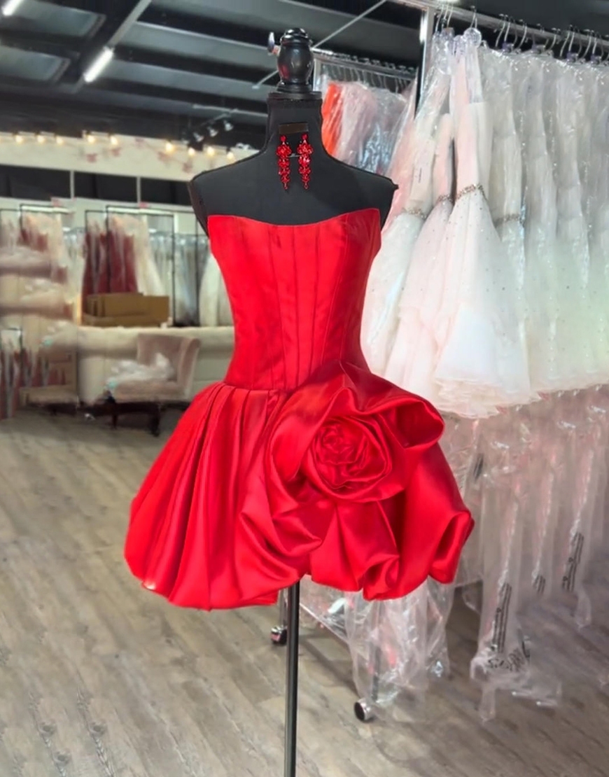 Red Corset A Line Strapless Short Homecoming Dress with 3D Flower