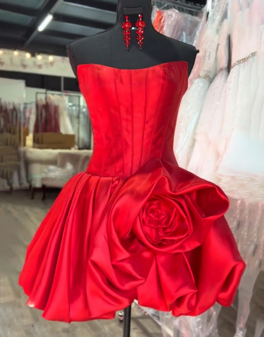 Red Corset A Line Strapless Short Homecoming Dress with 3D Flower