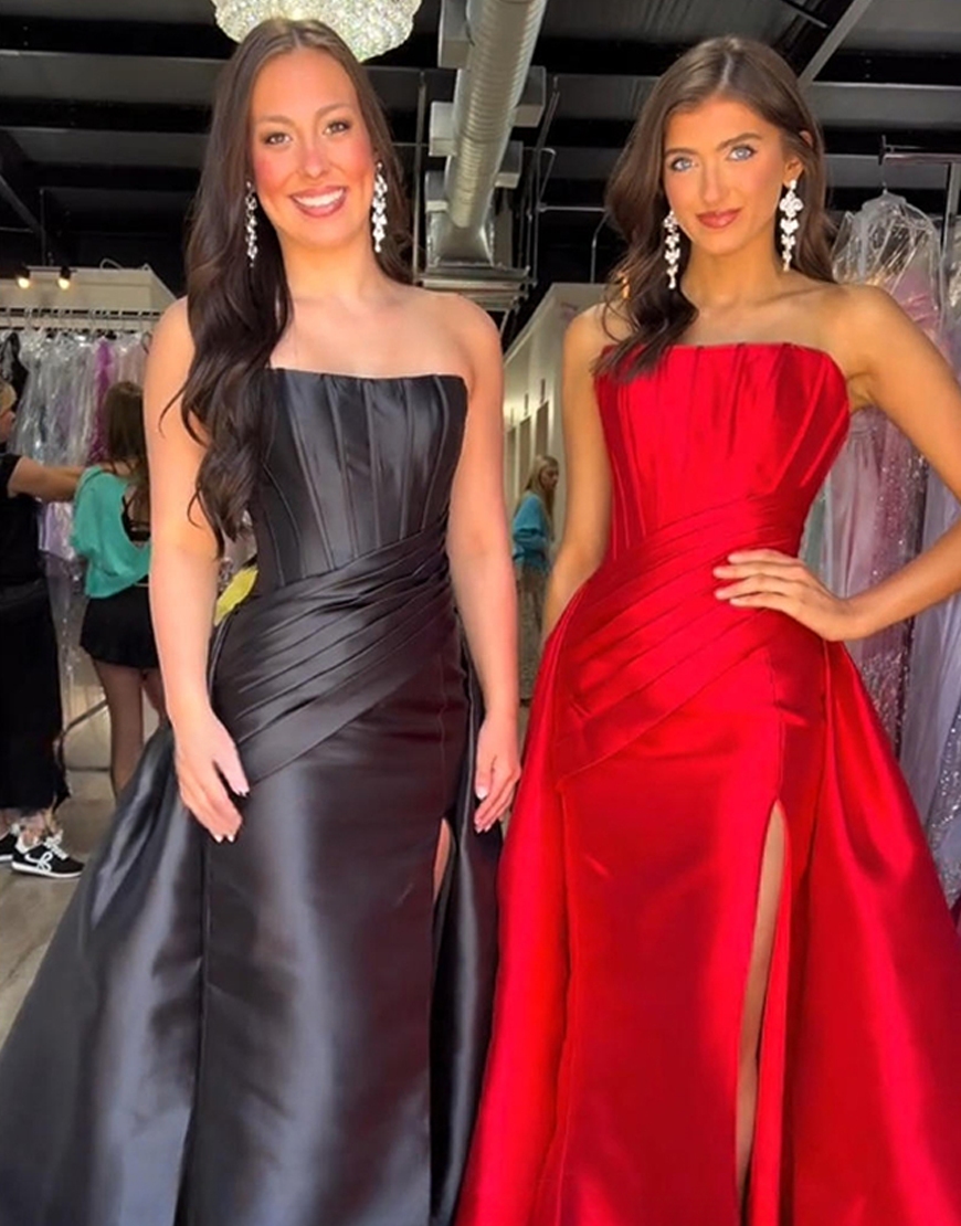 Black Strapless Mermaid Satin Corset Caped Long Prom Dress with Slit