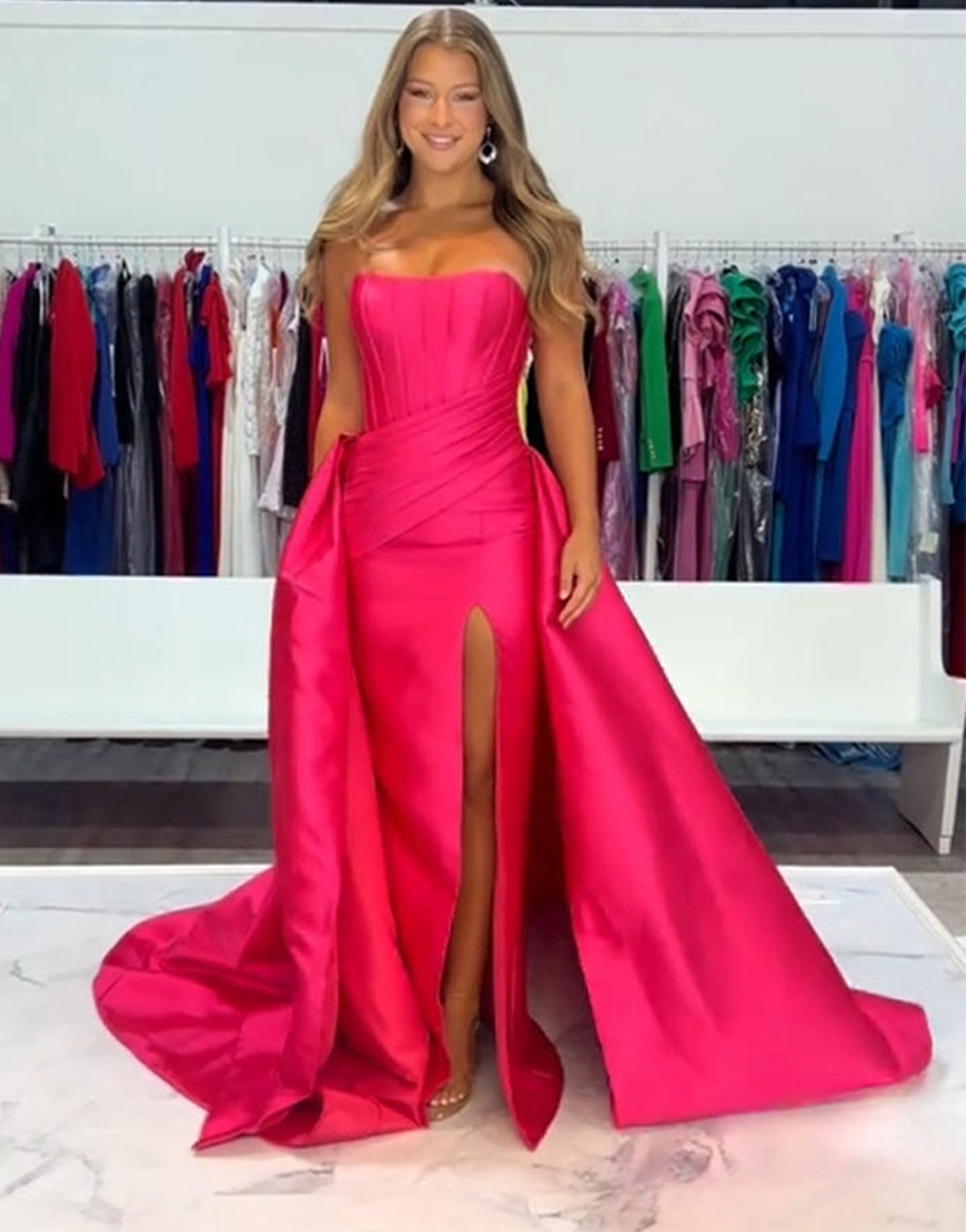 Black Strapless Mermaid Satin Corset Caped Long Prom Dress with Slit