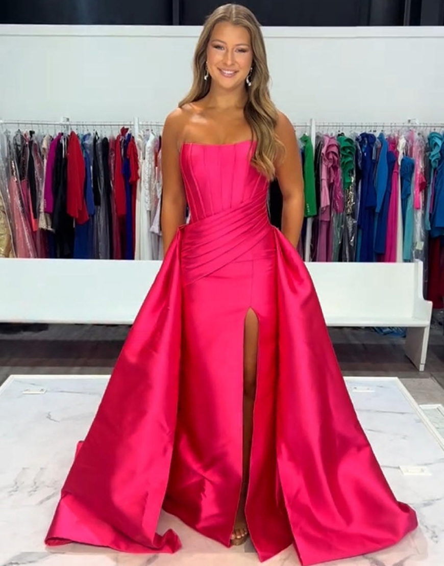 Black Strapless Mermaid Satin Corset Caped Long Prom Dress with Slit