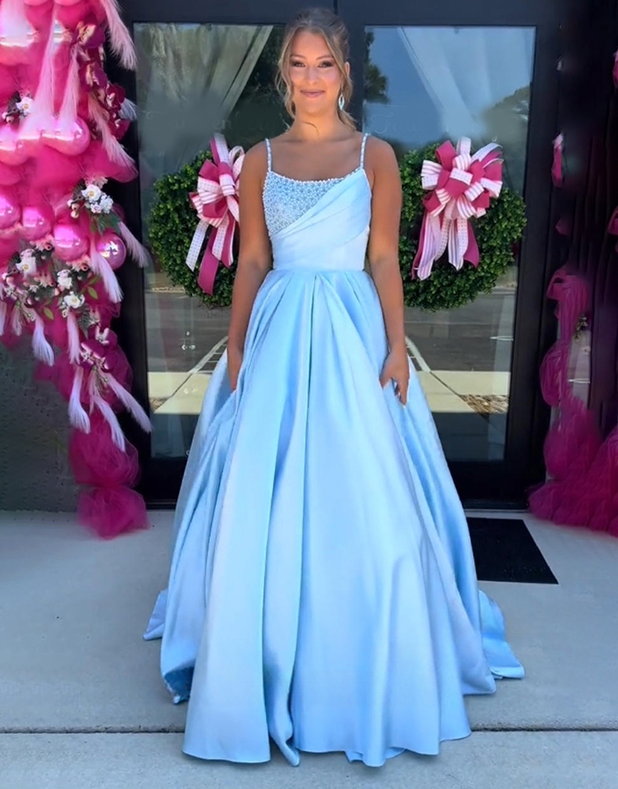 Sparkly Blue Spaghetti Straps A Line Satin Long Prom Dress with Beading