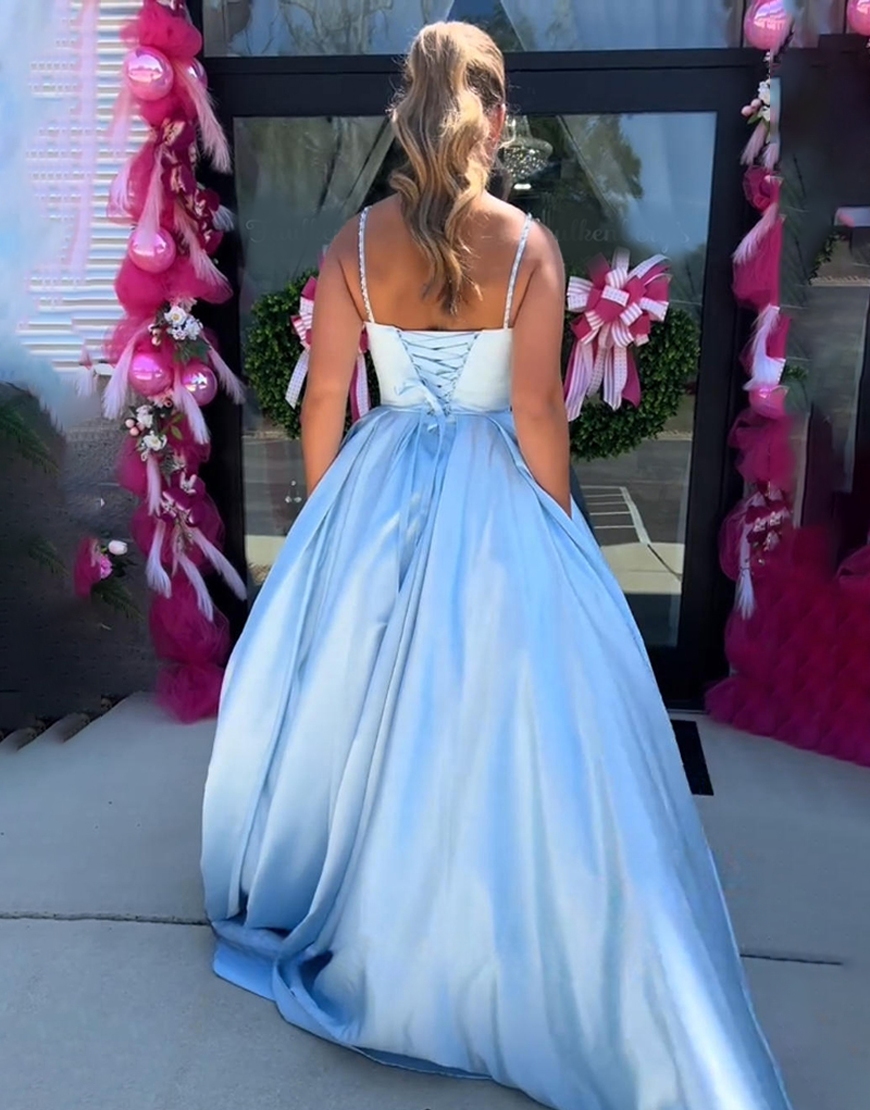 Sparkly Blue Spaghetti Straps A Line Satin Long Prom Dress with Beading
