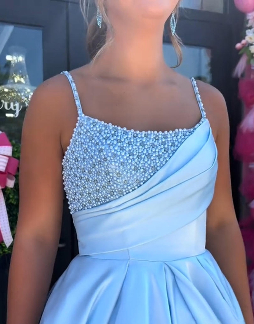 Sparkly Blue Spaghetti Straps A Line Satin Long Prom Dress with Beading