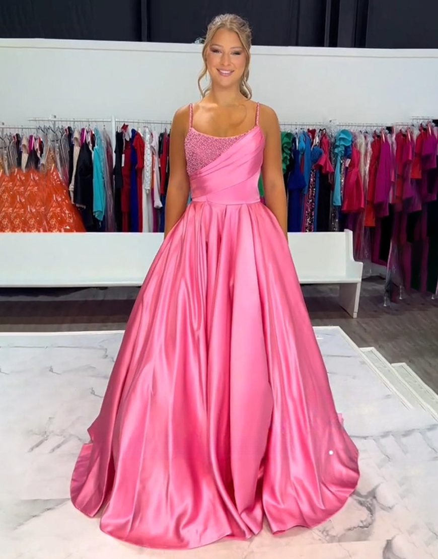 Sparkly Blue Spaghetti Straps A Line Satin Long Prom Dress with Beading