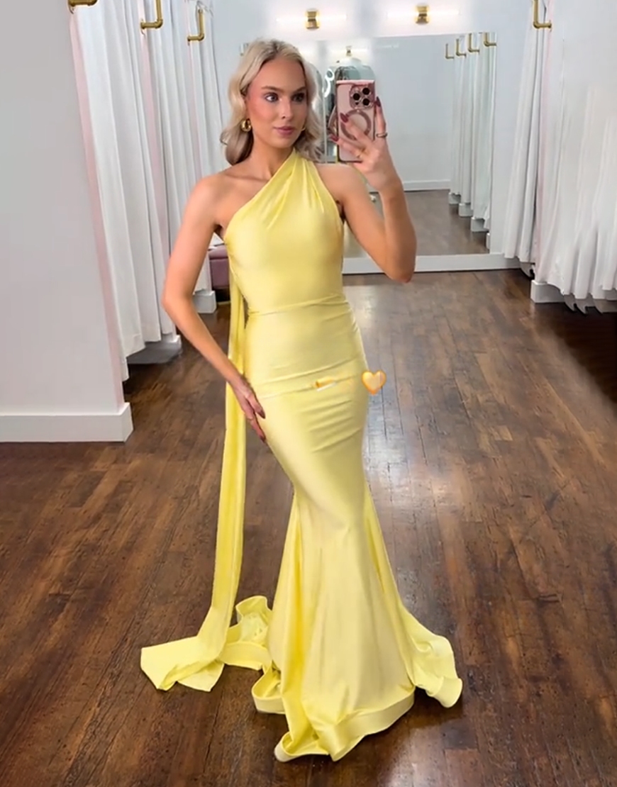 Yellow Satin Mermaid One Shoulder Long Prom Dress with Streamer