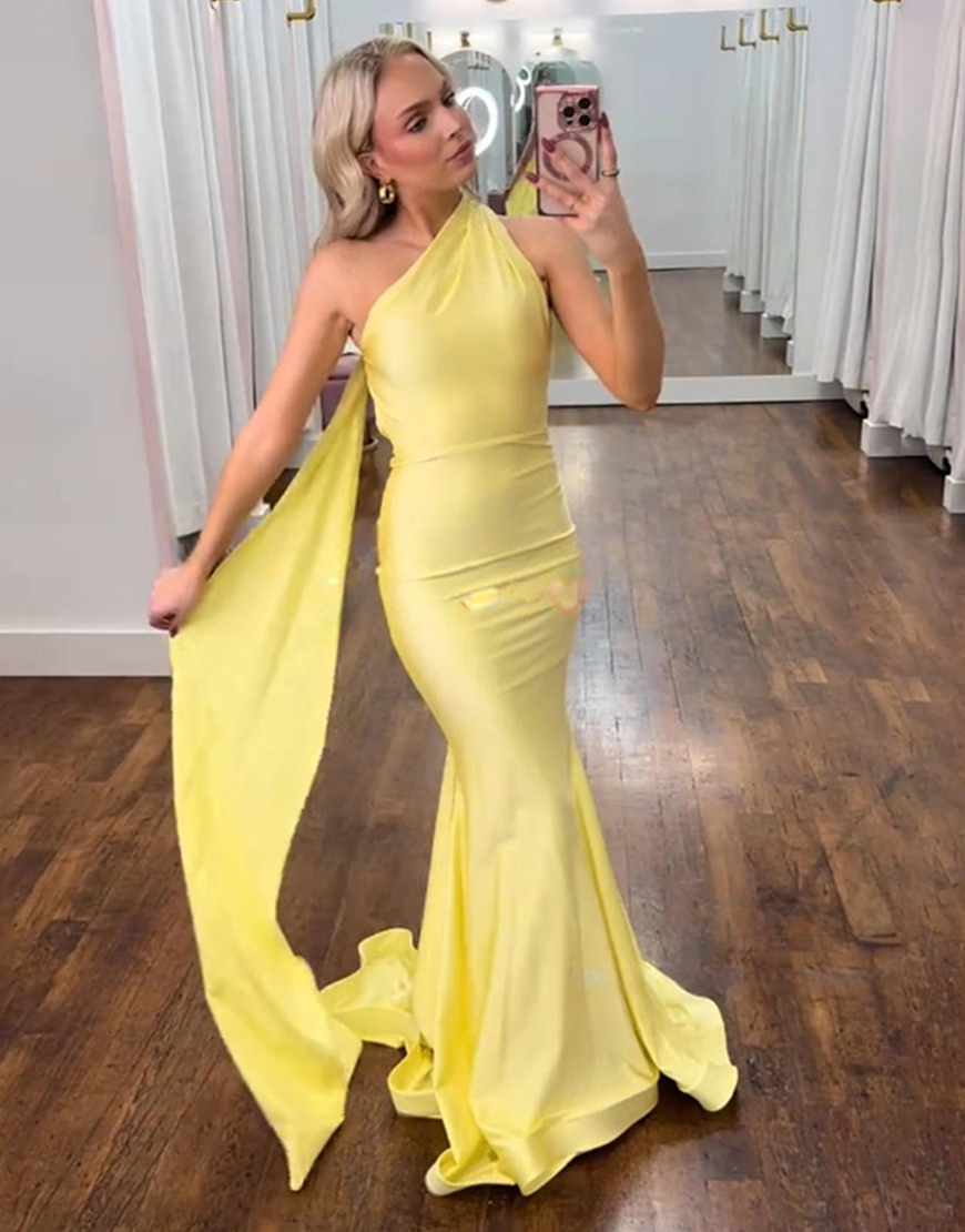 Yellow Satin Mermaid One Shoulder Long Prom Dress with Streamer