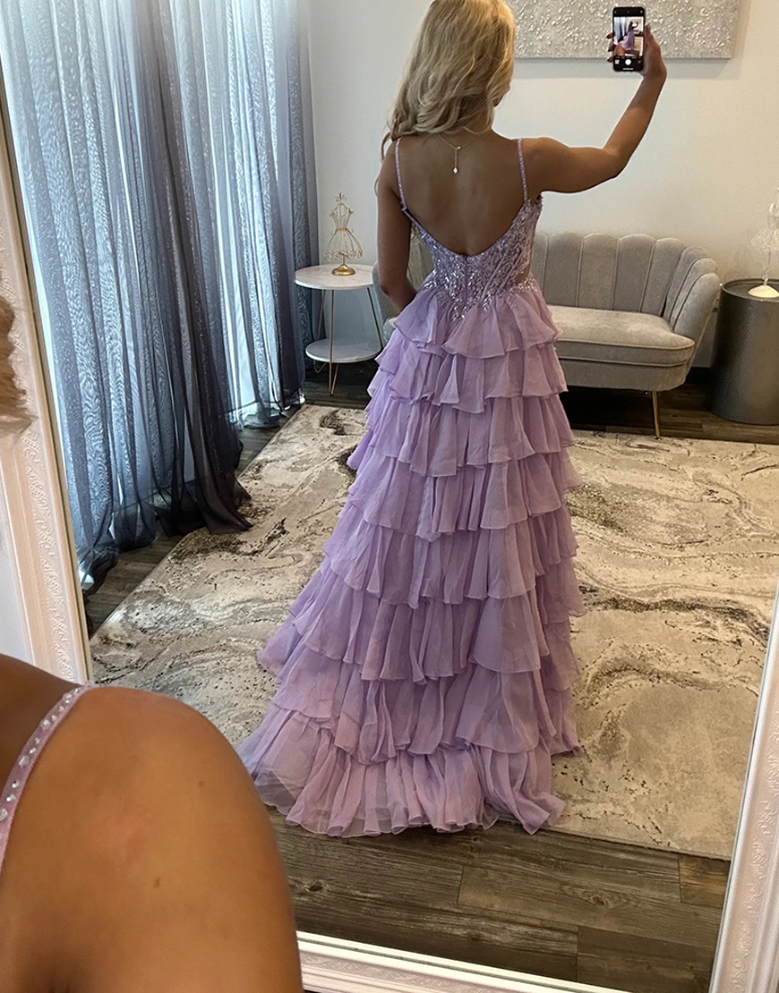 Sparkly Lilac Corset Sequins Ruffled Chiffon Long Prom Dress with Slit