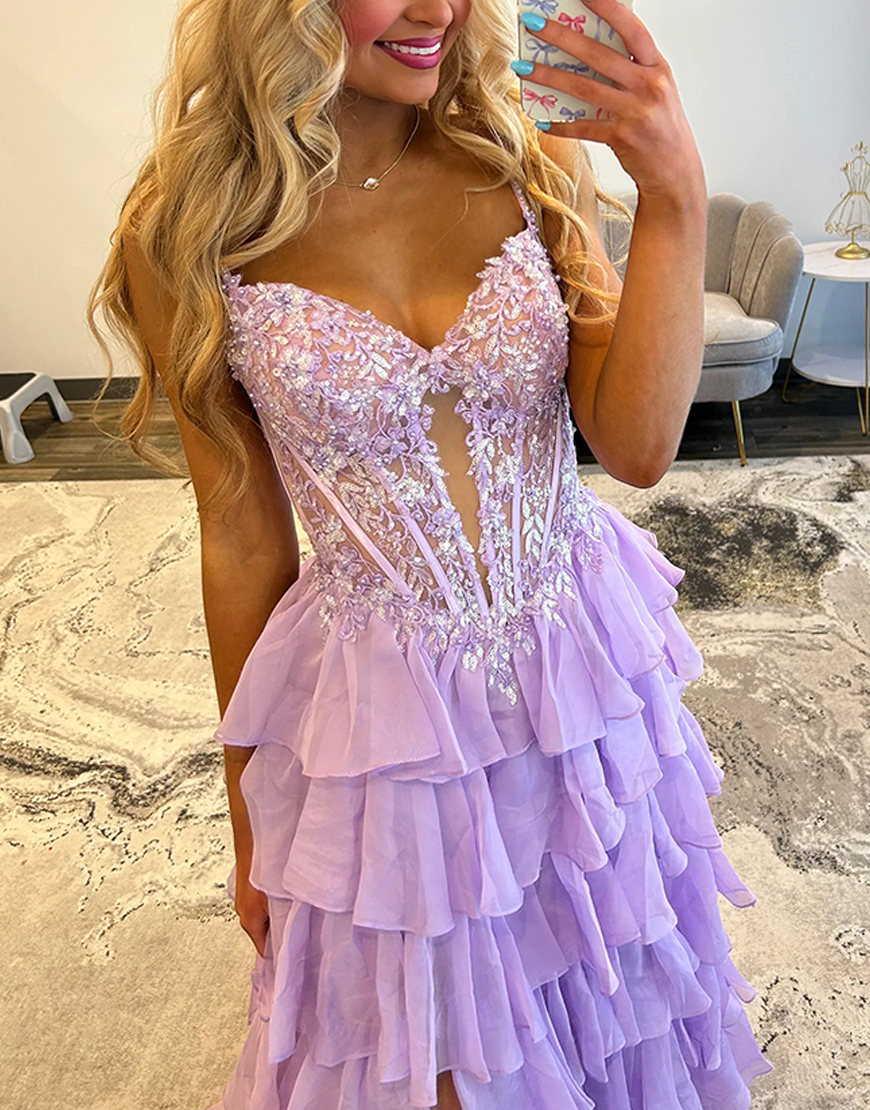 Sparkly Lilac Corset Sequins Ruffled Chiffon Long Prom Dress with Slit