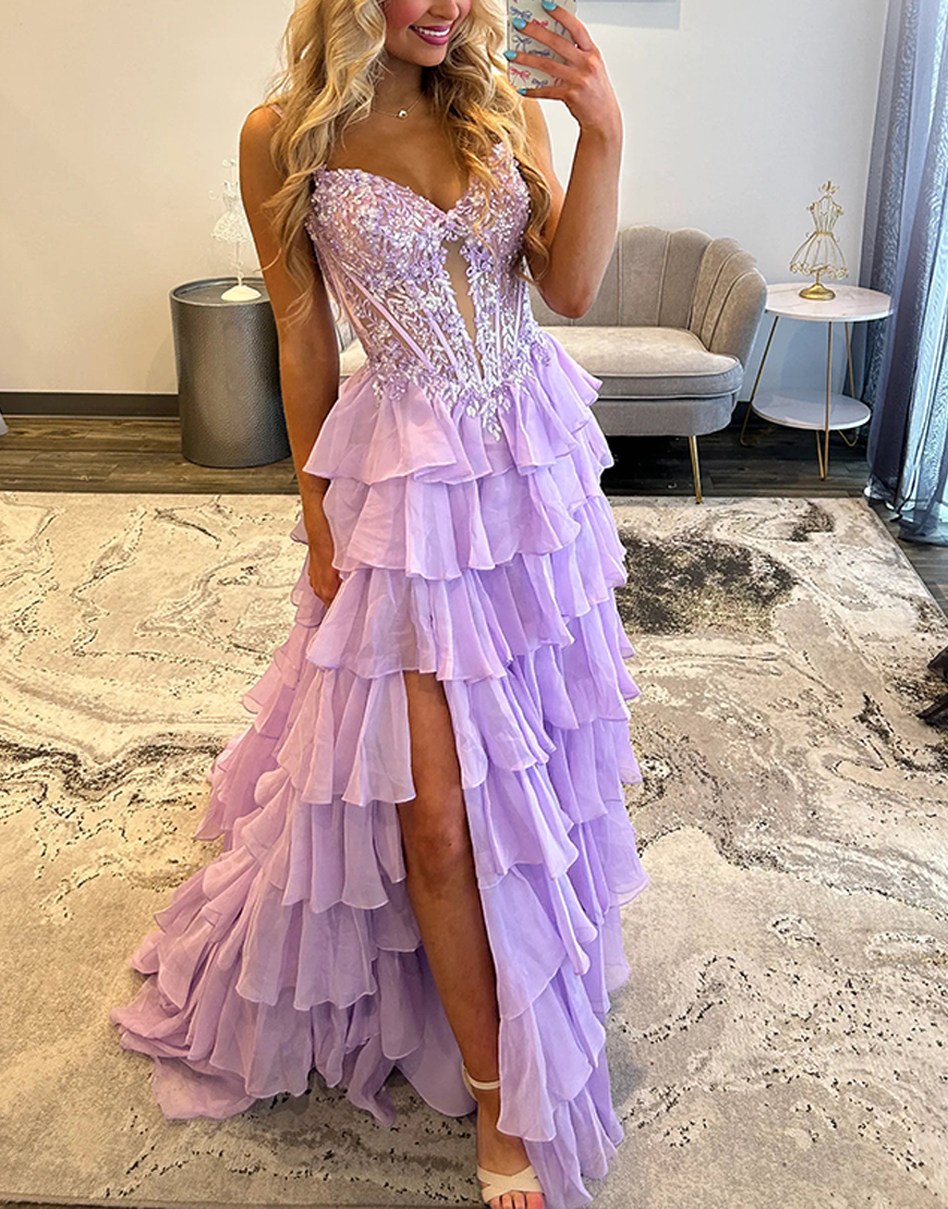 Berlinnova Women Sparkly Lilac Corset Sequins Long Prom Dress with Slit Chiffon Ruffled Tiered A Line Spaghetti Straps Formal Dress
