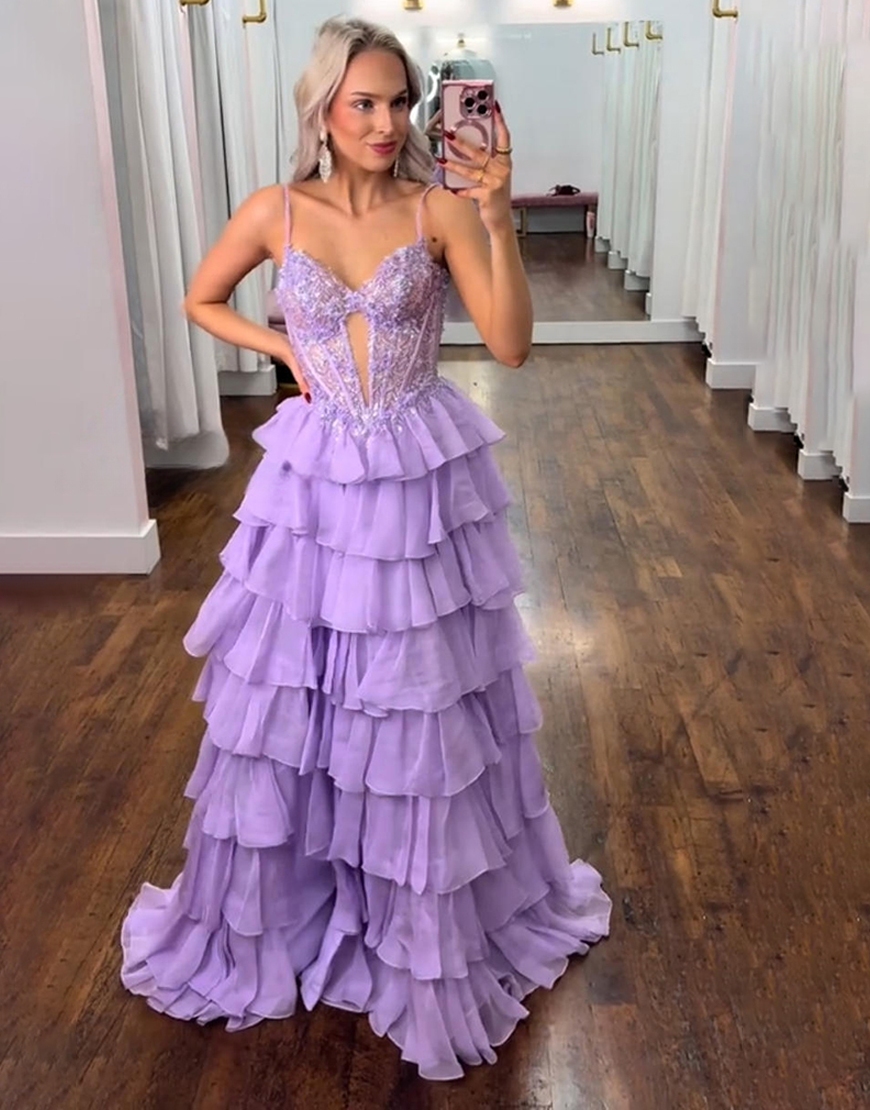 Sparkly Lilac Corset Sequins Ruffled Chiffon Long Prom Dress with Slit
