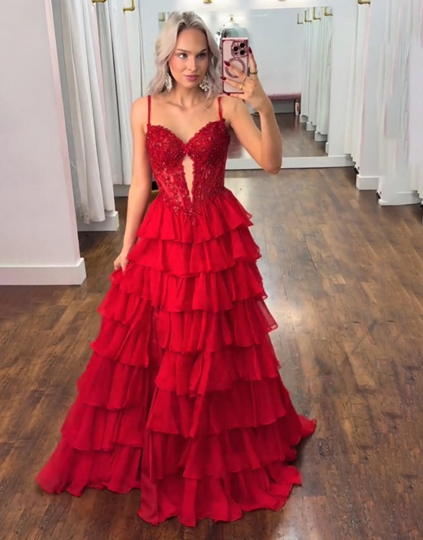 Sparkly Lilac Corset Sequins Ruffled Chiffon Long Prom Dress with Slit