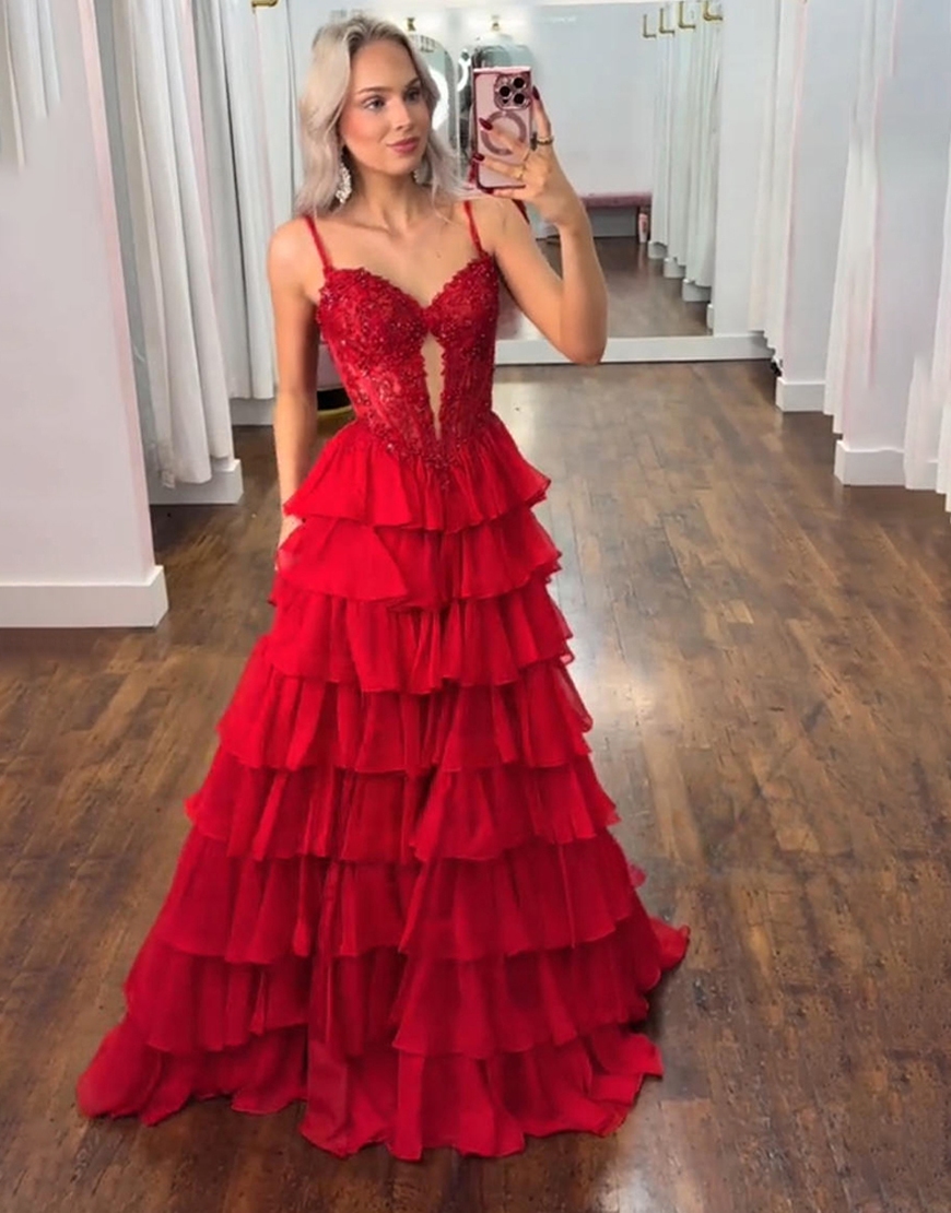 Sparkly Lilac Corset Sequins Ruffled Chiffon Long Prom Dress with Slit