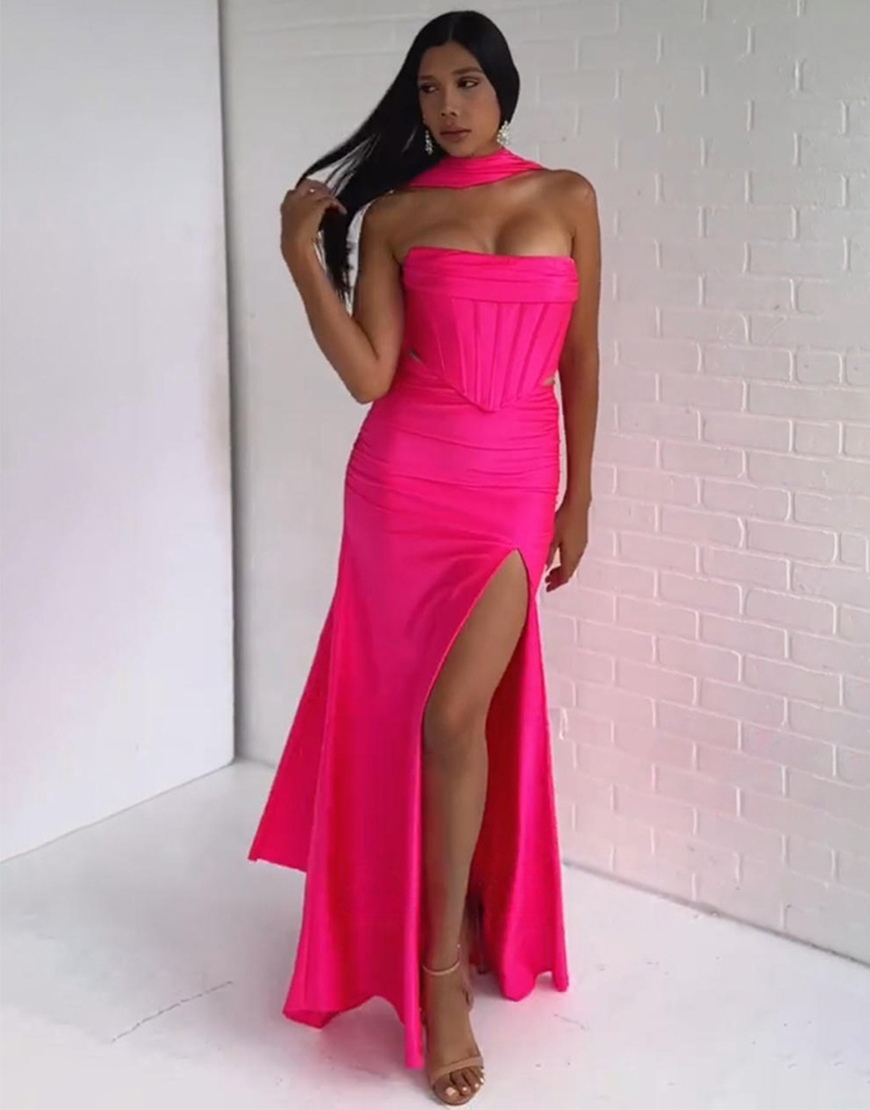 Fuchsia Mermaid Scarf Neck Corset Satin Long Prom Dress with Slit