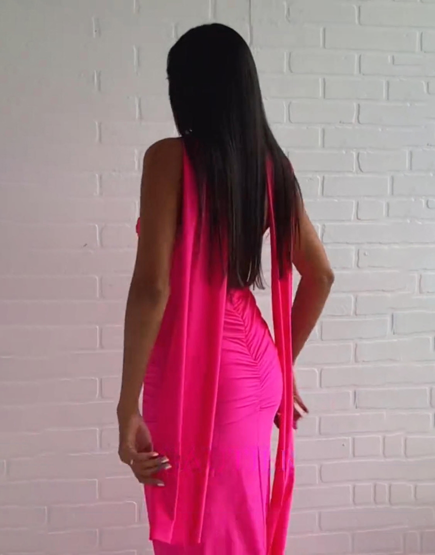 Fuchsia Mermaid Scarf Neck Corset Satin Long Prom Dress with Slit